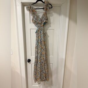 Astr Floral Tie-Waist Formal Dress in Sage Green and Mustard